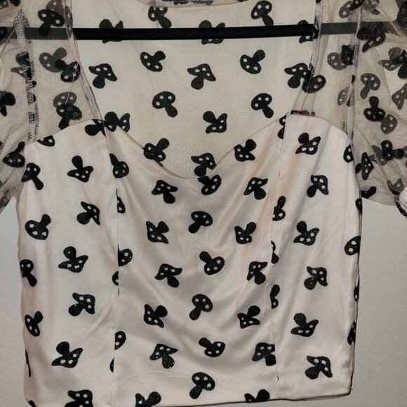 NWT Mushroom Glitter Mesh Womens Top Puff Sleeve Hot Topic Size M Sheer Groovy - Picture 2 of 8